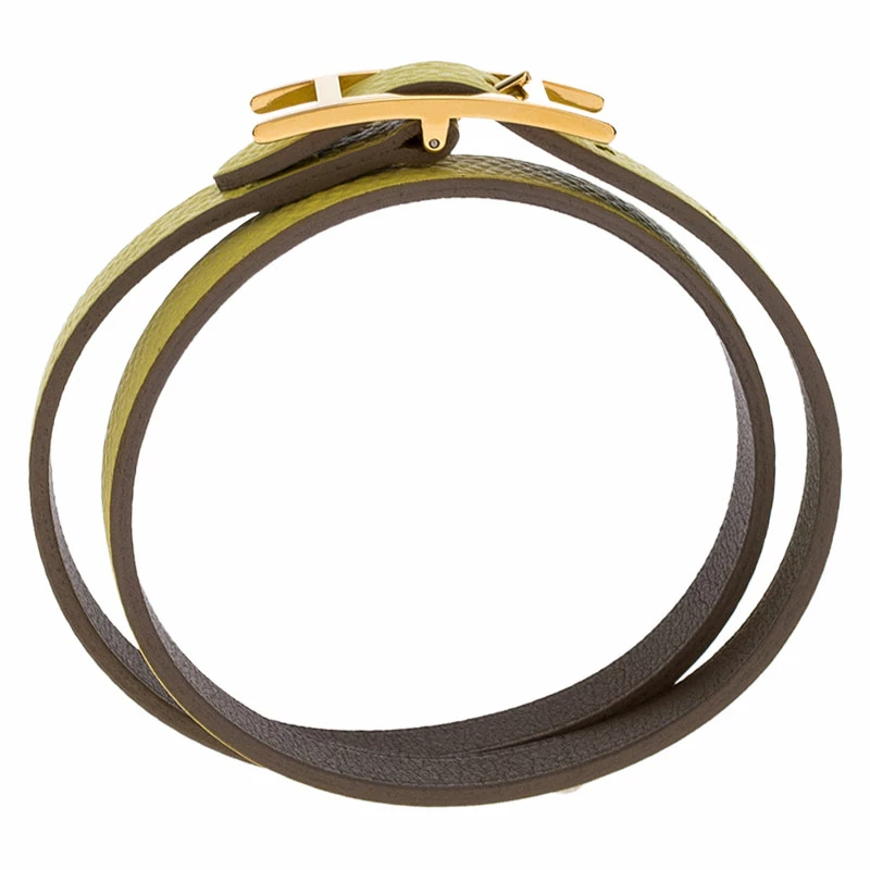 Hermes Lime Green And Grey Leather Behapi Reversible Double Tour Bracelet M For Women 6 Hermes Lime Green And Grey Leather Behapi Reversible Double Tour Bracelet M For Women - Image 4