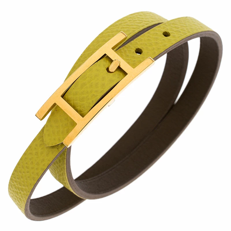 Hermes Lime Green And Grey Leather Behapi Reversible Double Tour Bracelet M For Women 5 Hermes Lime Green And Grey Leather Behapi Reversible Double Tour Bracelet M For Women - Image 3