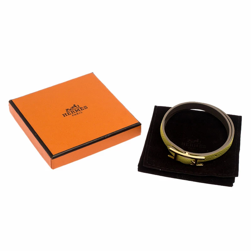 Hermes Lime Green And Grey Leather Behapi Reversible Double Tour Bracelet M For Women 8 Hermes Lime Green And Grey Leather Behapi Reversible Double Tour Bracelet M For Women - Image 6