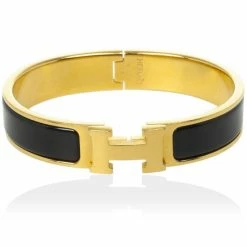 Hermes Clic H Black Enameled Gold Plated Bracelet For Women