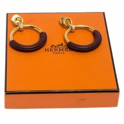 Hermes Hermès Gold Plated Barenia Leather Loop Earrings For Women -Deals Hermes Store luxury women hermes used accessories p251456 003