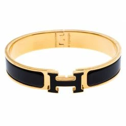 Hermes Clic Clac H Black Enamel Gold Plated Narrow Bracelet GM For Women