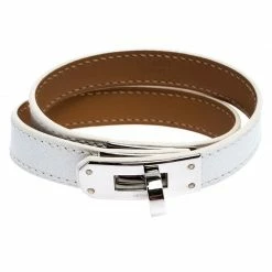 Hermes Kelly Double Tour White Leather Palladium Plated Wrap Bracelet M For Women