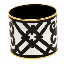 Hermes Monochrome Printed Enamel Gold Plated Extra Wide Bangle Bracelet For Women