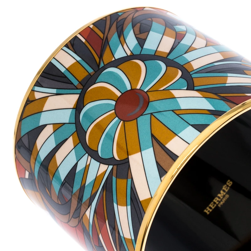 Hermes Multicolor Printed Enamel Gold Plated Extra Wide Bangle Bracelet For Women 5 Hermes Multicolor Printed Enamel Gold Plated Extra Wide Bangle Bracelet For Women - Image 3