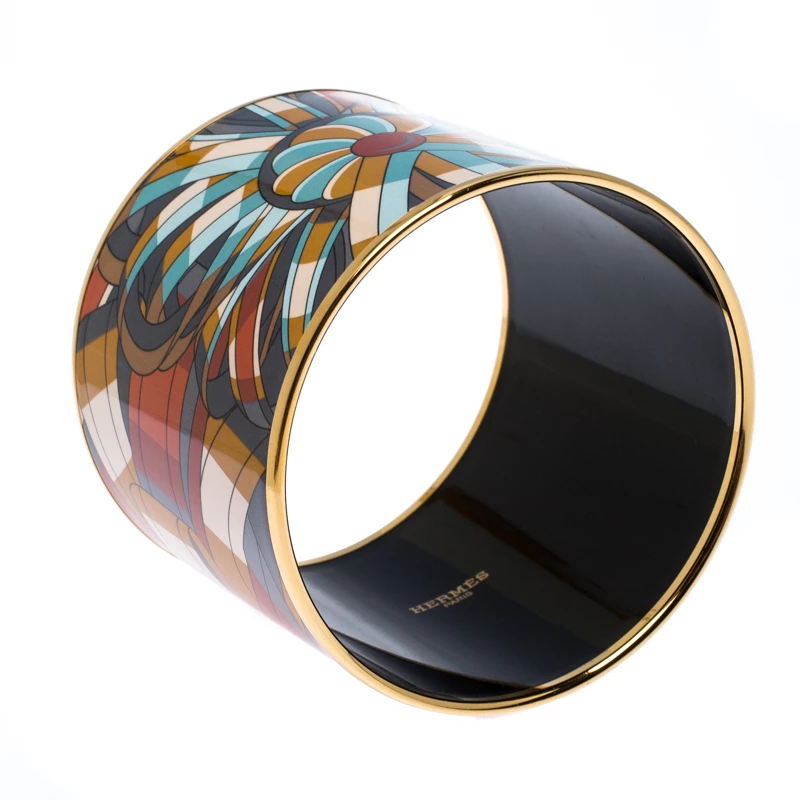 Hermes Multicolor Printed Enamel Gold Plated Extra Wide Bangle Bracelet For Women 4 Hermes Multicolor Printed Enamel Gold Plated Extra Wide Bangle Bracelet For Women - Image 2