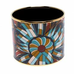 Hermes Multicolor Printed Enamel Gold Plated Extra Wide Bangle Bracelet For Women