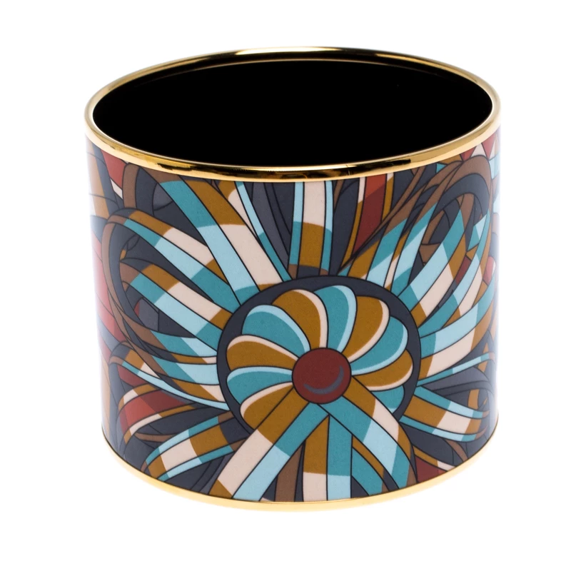 Hermes Multicolor Printed Enamel Gold Plated Extra Wide Bangle Bracelet For Women 3 Hermes Multicolor Printed Enamel Gold Plated Extra Wide Bangle Bracelet For Women