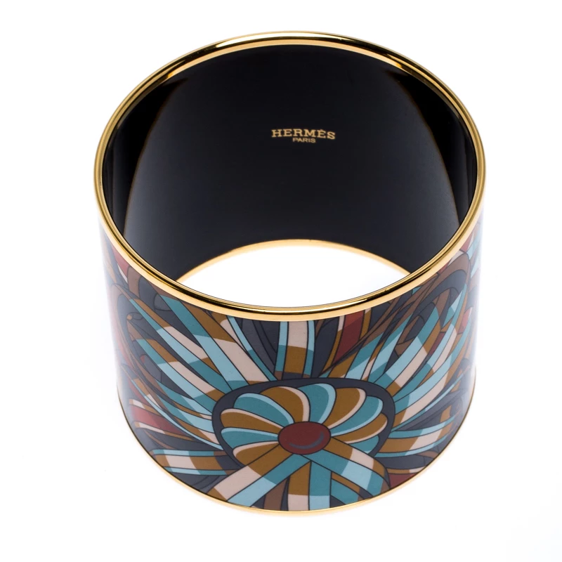 Hermes Multicolor Printed Enamel Gold Plated Extra Wide Bangle Bracelet For Women 7 Hermes Multicolor Printed Enamel Gold Plated Extra Wide Bangle Bracelet For Women - Image 5
