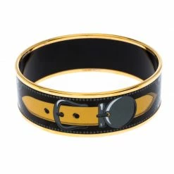 Hermes Black Printed Enamel Gold Plated Wide Bangle Bracelet For Women