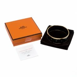 Hermes Black Printed Enamel Gold Plated Wide Bangle Bracelet For Women -Deals Hermes Store luxury women hermes used accessories p256979 006