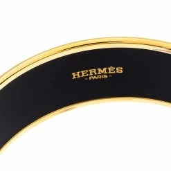 Hermes Black Printed Enamel Gold Plated Wide Bangle Bracelet For Women -Deals Hermes Store luxury women hermes used accessories p256979 007
