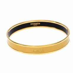 Hermes Caleche Yellow Enamel Gold Plated Narrow Bangle Bracelet For Women