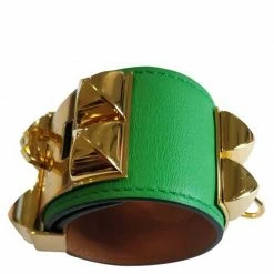 Hermes Hermès Collier De Chien Calfskin Green Leather Gold Plated Bracelet For Women -Deals Hermes Store luxury women hermes used accessories p257578 005