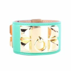 Hermes Hermès Collier De Chien Calfskin Green Leather Gold Plated Bracelet For Women -Deals Hermes Store luxury women hermes used accessories p257578 009