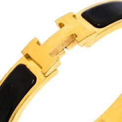 Hermes Hermès Clic H Black Enamel Gold Plated Narrow Bracelet GM For Women -Deals Hermes Store luxury women hermes used accessories p259142 001