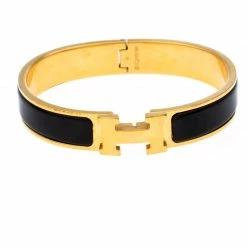 Hermes Hermès Clic H Black Enamel Gold Plated Narrow Bracelet GM For Women