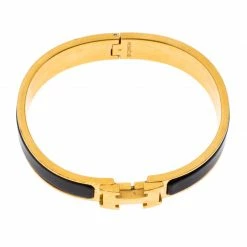 Hermes Hermès Clic H Black Enamel Gold Plated Narrow Bracelet GM For Women -Deals Hermes Store luxury women hermes used accessories p259142 006