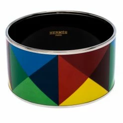 Hermes Clous De Trompe L’Oeil Multicolor Enamel Extra Wide Bangle Bracelet For Women