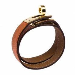 Hermes Kelly Double Tour Orange Leather Gold Plated Wrap Bracelet S For Women -Deals Hermes Store luxury women hermes used accessories p264019 003