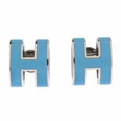 Hermes Pop H Blue Lacquered Palladium Plated Stud Earrings For Women