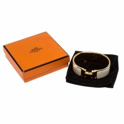 Hermes Clic Clac H White Enamel Gold Plated Wide Bracelet GM For Women -Deals Hermes Store luxury women hermes used accessories p264213 006
