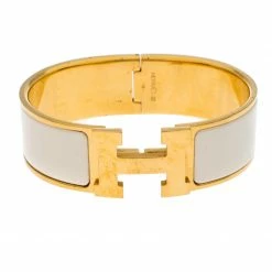 Hermes Clic Clac H White Enamel Gold Plated Wide Bracelet GM For Women