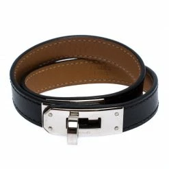 Hermes Kelly Double Tour Black Leather Palladium Plated Wrap Bracelet M For Women
