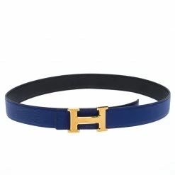 Hermes Black/Electric Blue Swift And Epsom Leather Guillochee Finish H Buckle Belt Size 85CM For Women