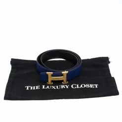 Hermes Black/Electric Blue Swift And Epsom Leather Guillochee Finish H Buckle Belt Size 85CM For Women -Deals Hermes Store luxury women hermes used accessories p264528 005