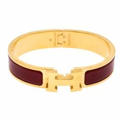 Hermes Hermès Clic H Rouge Red Enamel Gold Plated Narrow Bracelet PM For Women
