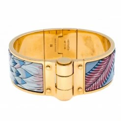 Hermes Hermès Gold Plated Savana Dance Enamel Hinged Bangle Bracelet For Women