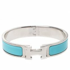 Hermes Hermès Clic H Teal Blue Enamel Palladium Plated Narrow Bracelet PM For Women