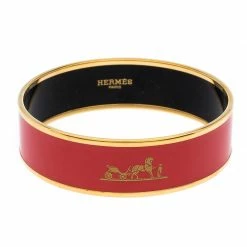 Hermes Hermès Rouge Casaque Enamel Calèche Wide Bangle Bracelet For Women
