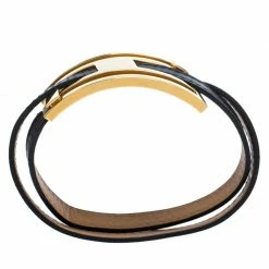 Hermes Hermès Black Leather Pousse Pousse Gold Plated Bracelet For Women -Deals Hermes Store luxury women hermes used accessories p270347 001