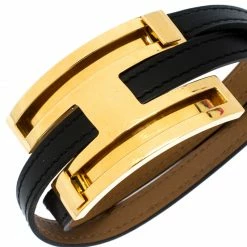 Hermes Hermès Black Leather Pousse Pousse Gold Plated Bracelet For Women -Deals Hermes Store luxury women hermes used accessories p270347 004