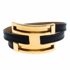 Hermes Hermès Black Leather Pousse Pousse Gold Plated Bracelet For Women