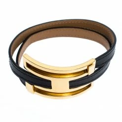 Hermes Hermès Black Leather Pousse Pousse Gold Plated Bracelet For Women -Deals Hermes Store luxury women hermes used accessories p270347 006