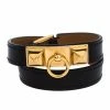 Hermes Rivale Black Leather Gold Plated Double Tour Bracelet XS For Women -Deals Hermes Store luxury women hermes used accessories p272244 003