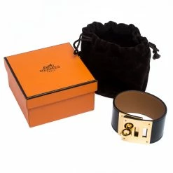 Hermes Kelly Dog Black Leather Yellow Gold Plated Wide Bracelet For Women -Deals Hermes Store luxury women hermes used accessories p272250 006