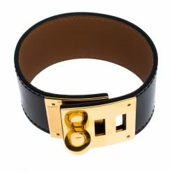 Hermes Kelly Dog Black Leather Yellow Gold Plated Wide Bracelet For Women -Deals Hermes Store luxury women hermes used accessories p272250 007