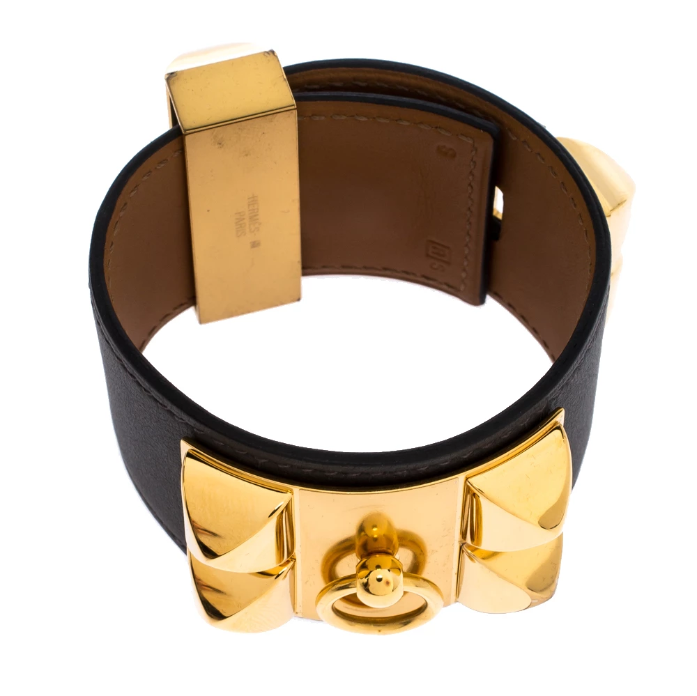 Hermes Hermès Collier De Chien Graphite Grey Leather Gold Plated Wide Cuff Bracelet S For Women 6 Hermes Hermès Collier De Chien Graphite Grey Leather Gold Plated Wide Cuff Bracelet S For Women - Image 4