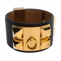 Hermes Hermès Collier De Chien Graphite Grey Leather Gold Plated Wide Cuff Bracelet S For Women