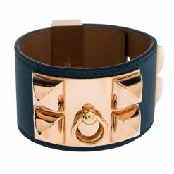 Hermes Collier De Chien Malachite Green Leather Rose Gold Plated Cuff Bracelet For Women