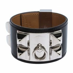 Hermes Collier De Chien Black Leather Palladium Plated Wide Cuff Bracelet S For Women