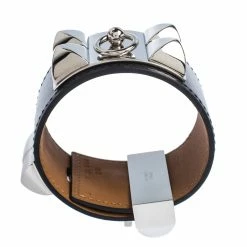 Hermes Collier De Chien Black Leather Palladium Plated Wide Cuff Bracelet S For Women -Deals Hermes Store luxury women hermes used accessories p272541 005