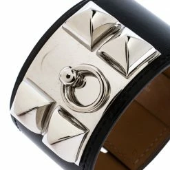 Hermes Collier De Chien Black Leather Palladium Plated Wide Cuff Bracelet S For Women -Deals Hermes Store luxury women hermes used accessories p272541 007