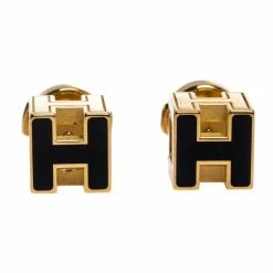 Hermes Cage D'H Black Lacquer Yellow Gold Plated Stud Earrings For Women