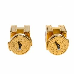 Hermes Cage D'H Black Lacquer Yellow Gold Plated Stud Earrings For Women -Deals Hermes Store luxury women hermes used accessories p272700 004