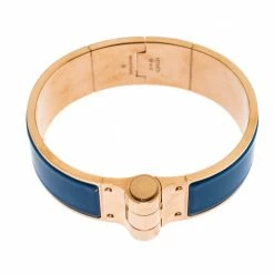 Hermes Blue Enamel Gold Plated Hinged Cuff Bracelet For Women -Deals Hermes Store luxury women hermes used accessories p272940 002